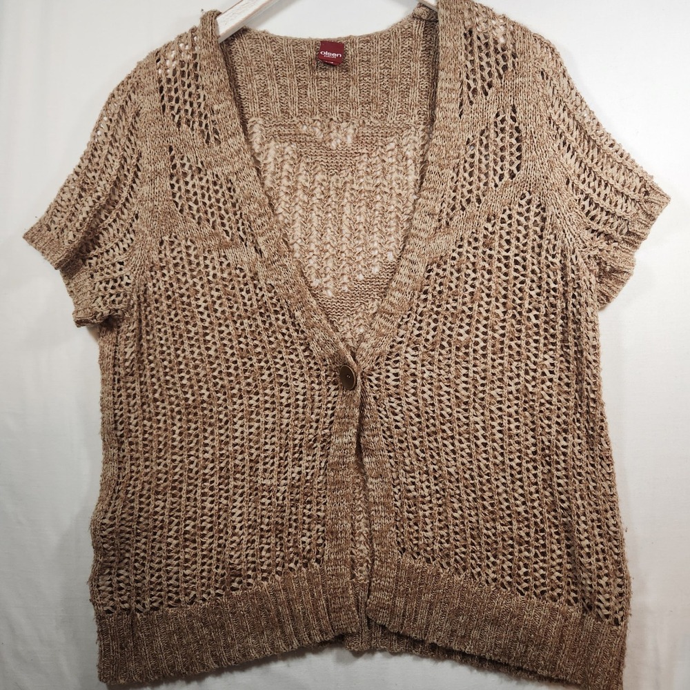 Olsen Europe y2k Open‎ Knit Cardigan Short Sleeve Single Button Tan XL 16